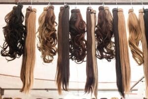 A bunch of different colored hair hanging up