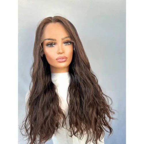 Long brown wavy lace front wig.