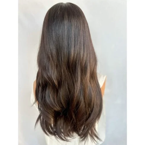 Dark brown wavy human hair wig.