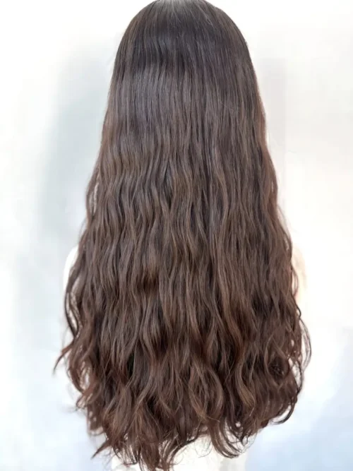 Here's an alt tag for the image: Long brown wavy hair wig.