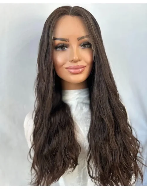 Long brown wavy lace front wig.