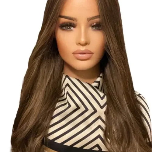 Long brown wavy hair wig model.