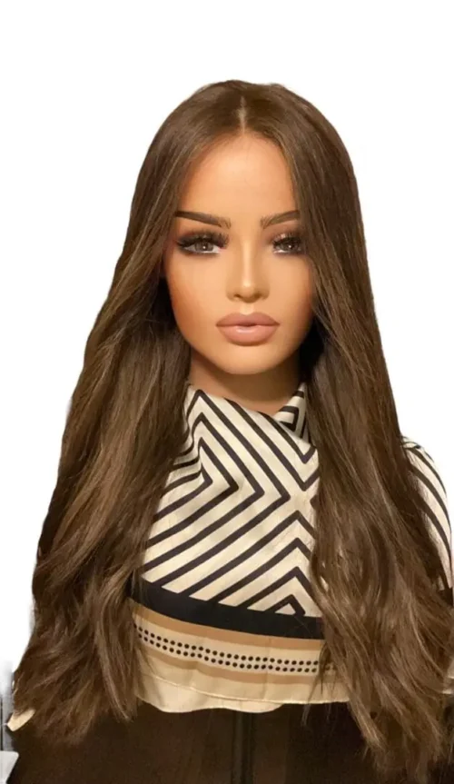 Long brown wavy hair wig model.