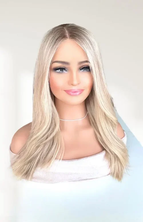 Blonde ombre long wig on mannequin.