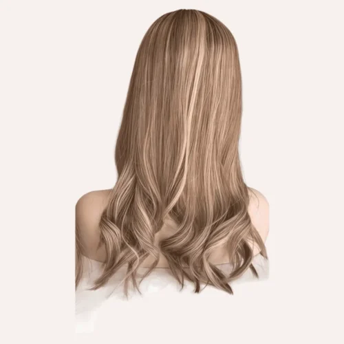 Long blonde wavy hair, back view.