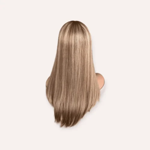 Here's an alt tag for the image: Long, light brown, straight wig.