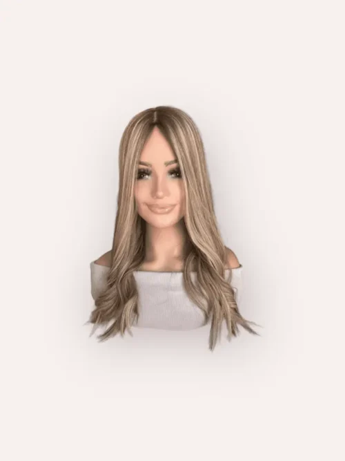 Blonde wavy hairpiece on mannequin.