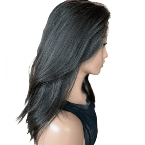 Long, straight black human hair wig.