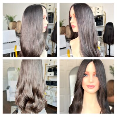 Curly brown wig on mannequin head display.