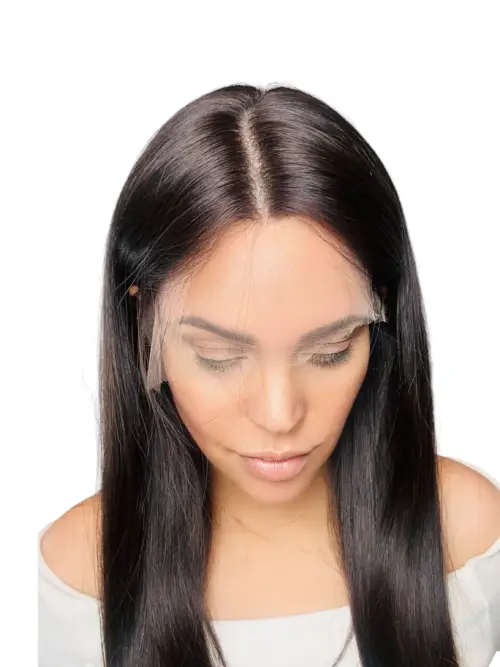 Woman with long, black lace front wig.