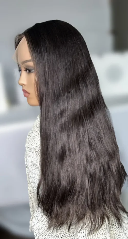 Long black human hair lace front wig.