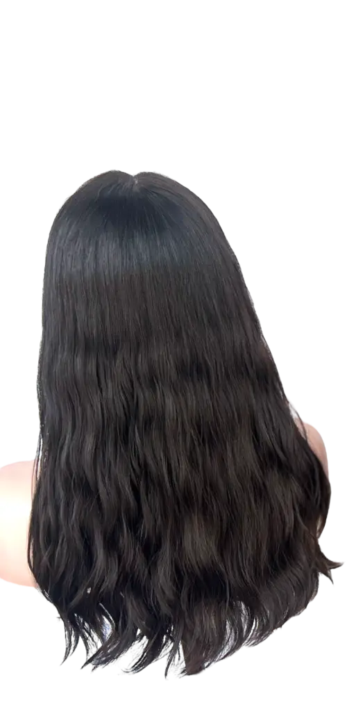 Here's an alt tag for the image: Black wavy bob wig.