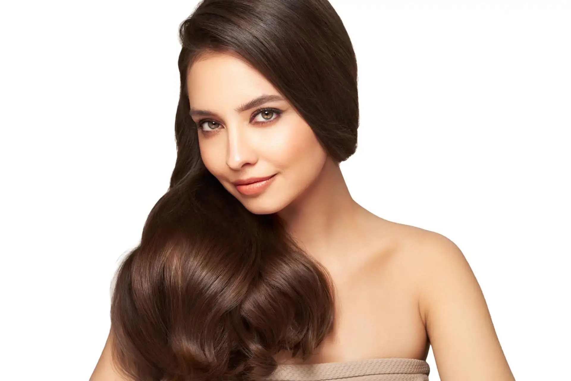 Woman with long, shiny brown hair smiling.