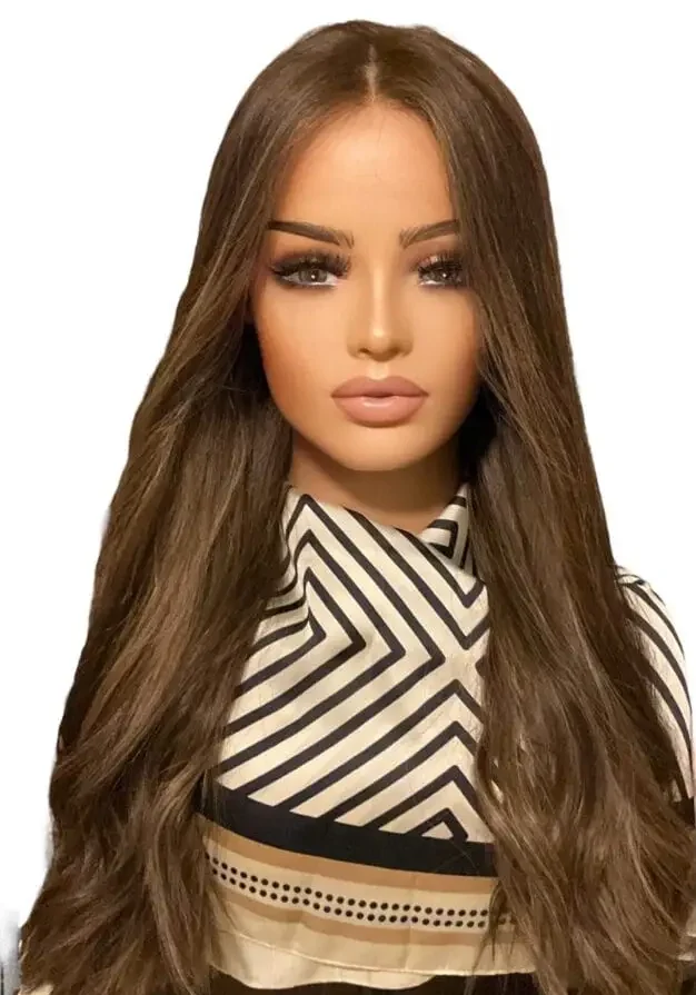 Long brown wavy hair wig model.