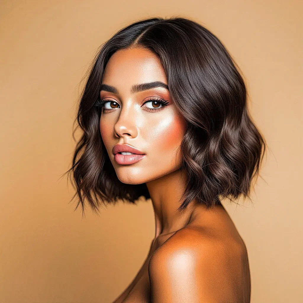 Curly brown wig on a mannequin head.