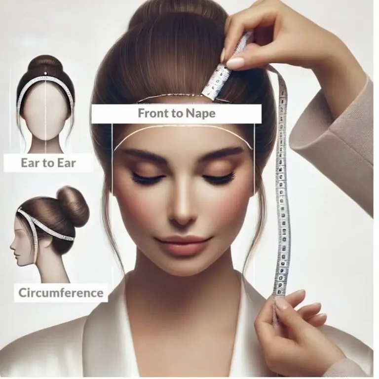 Woman having head measured for wig